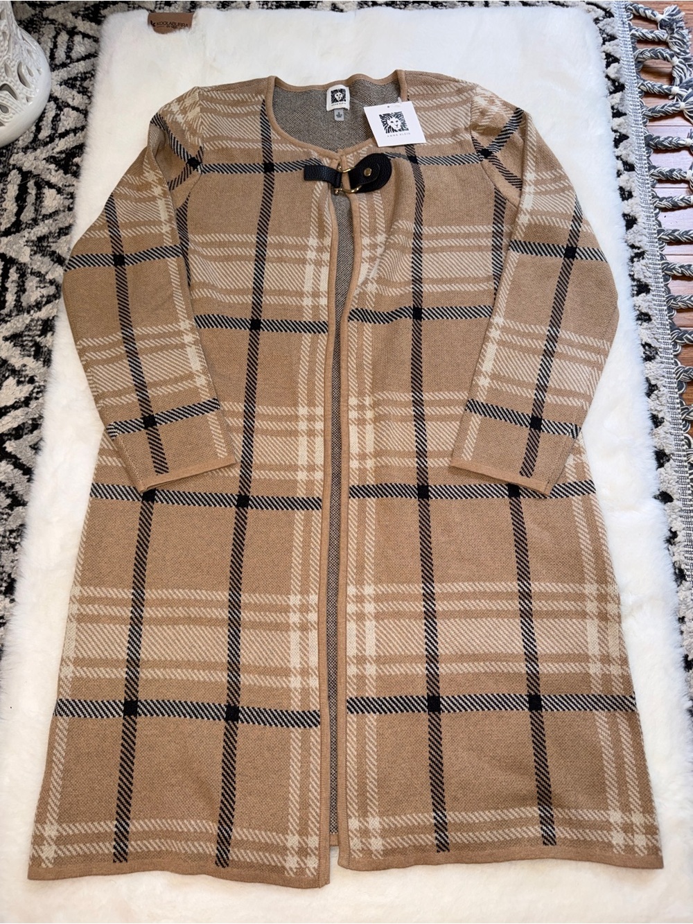 Anne Klein Camel & Black Plaid Toggle Cardigan